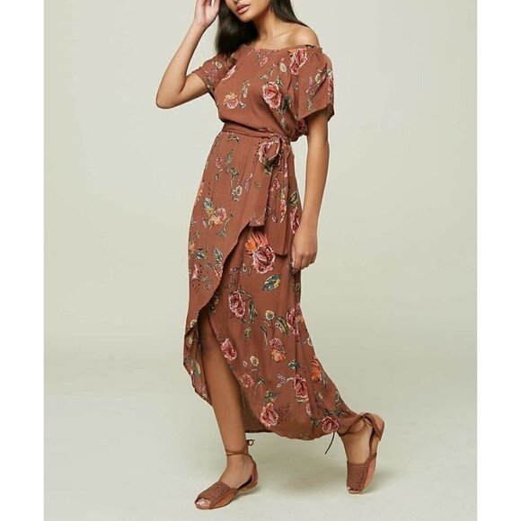 NWT O'Neill Off the Shoulder Tie Waist Dress Cognac Floral Print XS - Picture 3 of 6